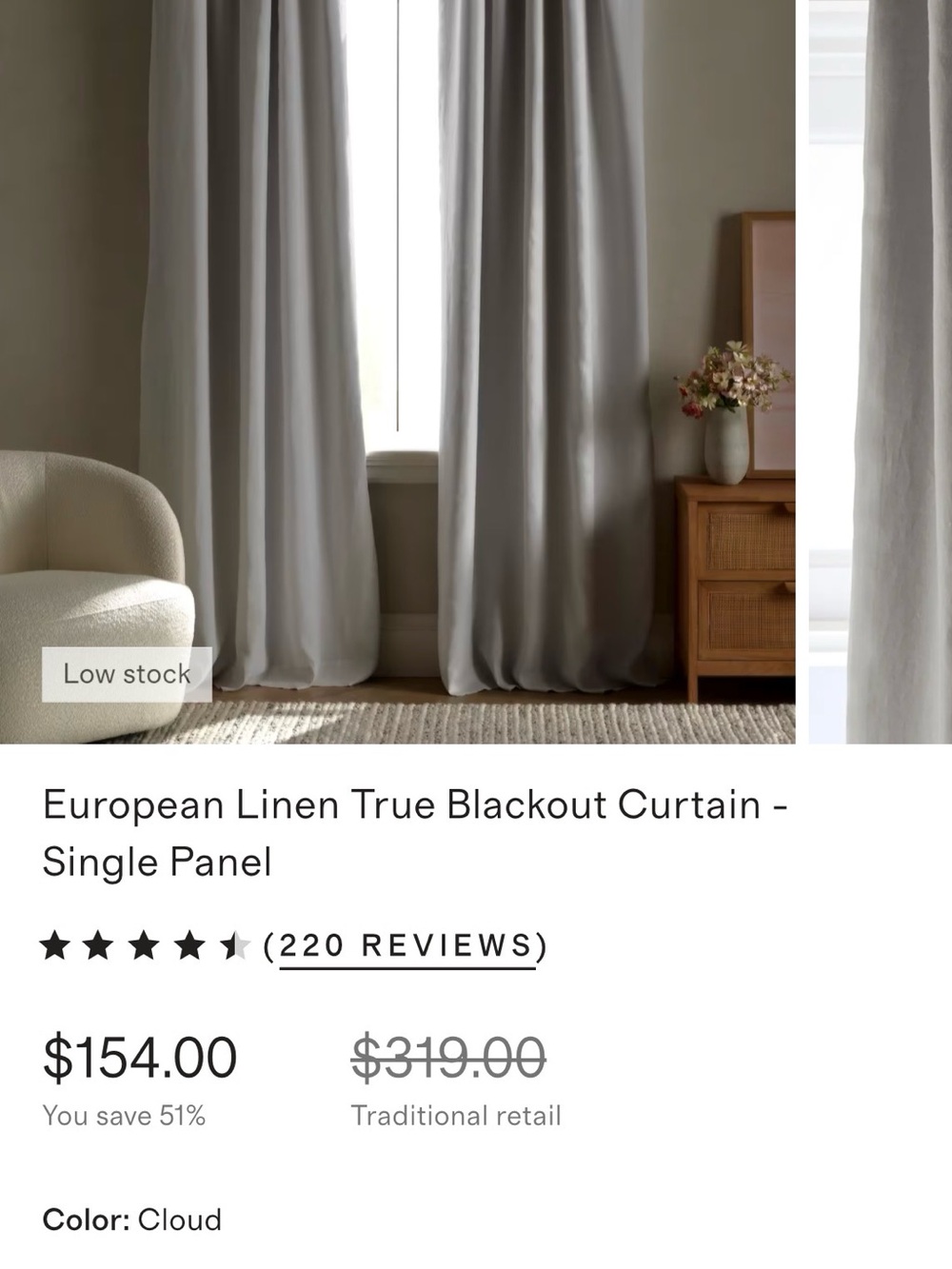 Quince European Luxe Linen  Curtain Panel Cloud 48x96 (one panel) #537 - Picture 5 of 5